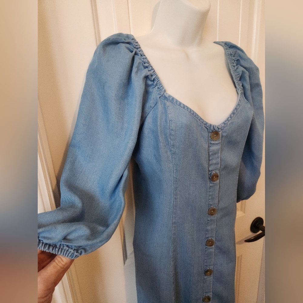 Zara Chambray Off Shoulder Midi Dress Bell Sleeves |Size XS | Bloggers Favorite - Picture 6 of 12